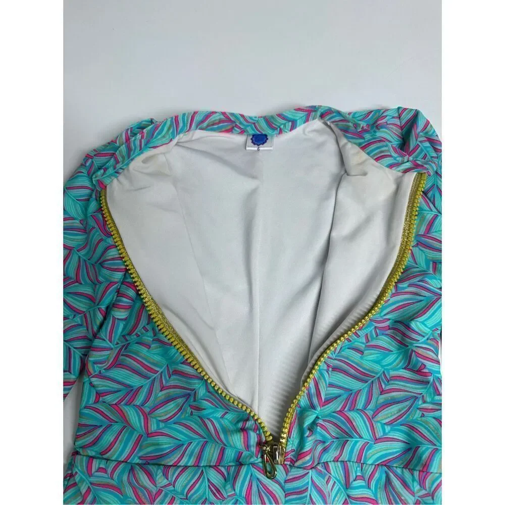 Tulle Girls Surf’s Up Swimsuit Front Zip Turquoise Pink Leaf Print Rare Size 6